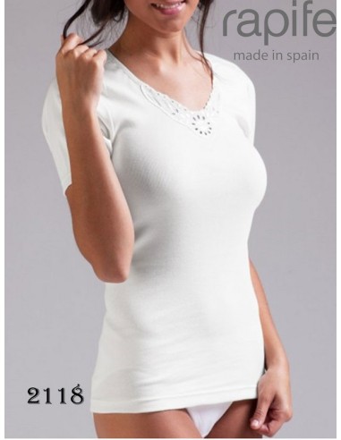 Rapife camiseta de mujer cuello pico con aplique manga corta 2118