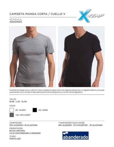 Abanderado. camiseta hombre manga corta cuello pico termorregulacion activa algodon licra  ASA040X